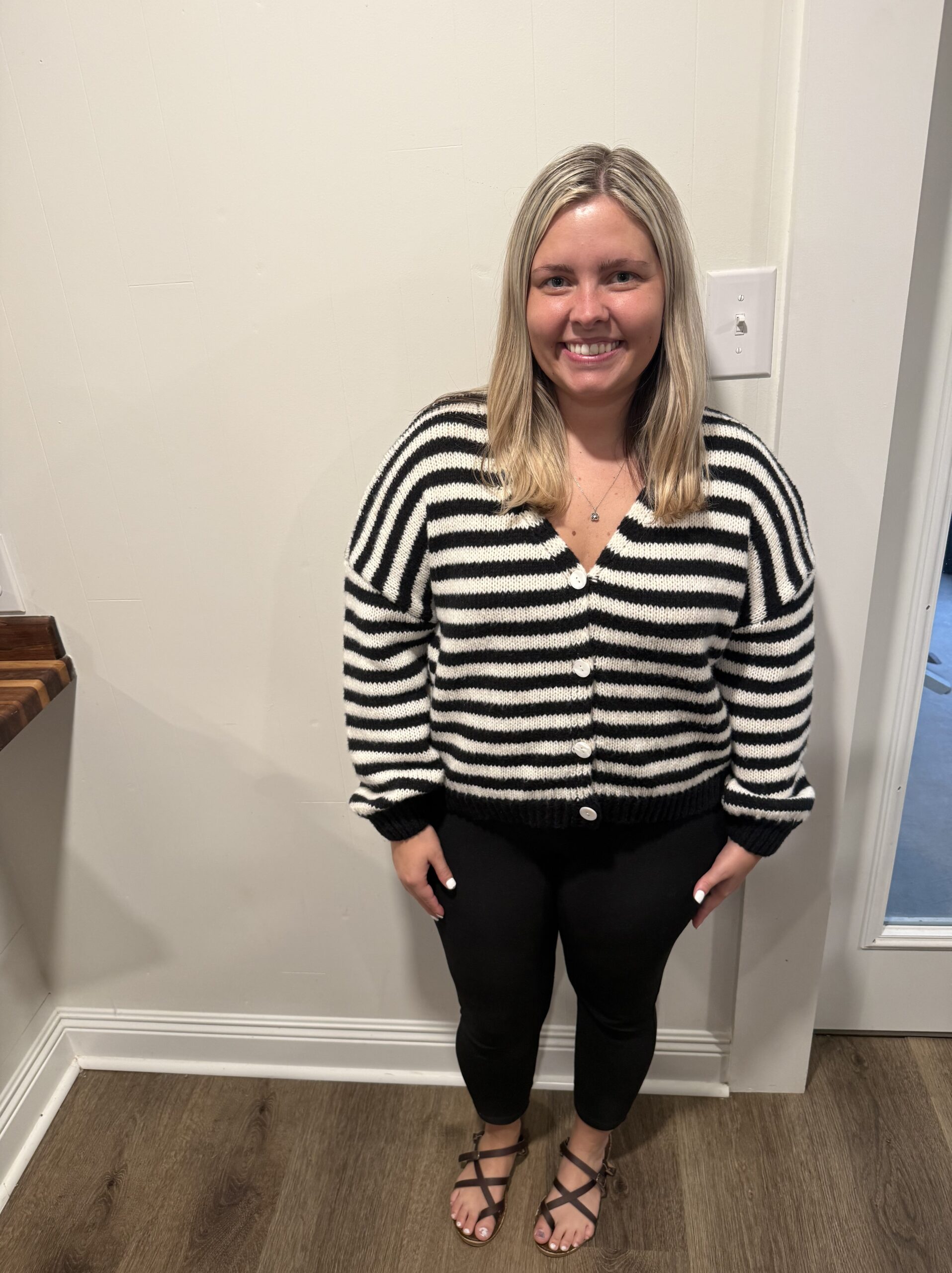 Black V neck Striped Cardigan